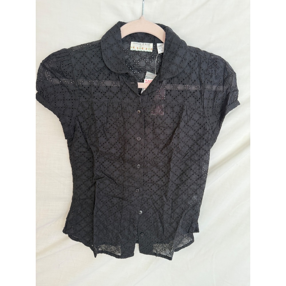 Kimchi & Blue Black Eyelet Lace Button Down Top Peter Pan Collar Puff Sleeve XS